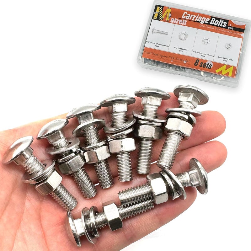Matrelt 8 Sets 5/16"-18 x1-1/2 Carriage Bolts Round Head Square Neck Screws with Hex Nuts Flat Washers Spring Lock Washers 304 Stainless Steel Full Thread Coverage Square Neck Bolts Assortment Kit - Image 1